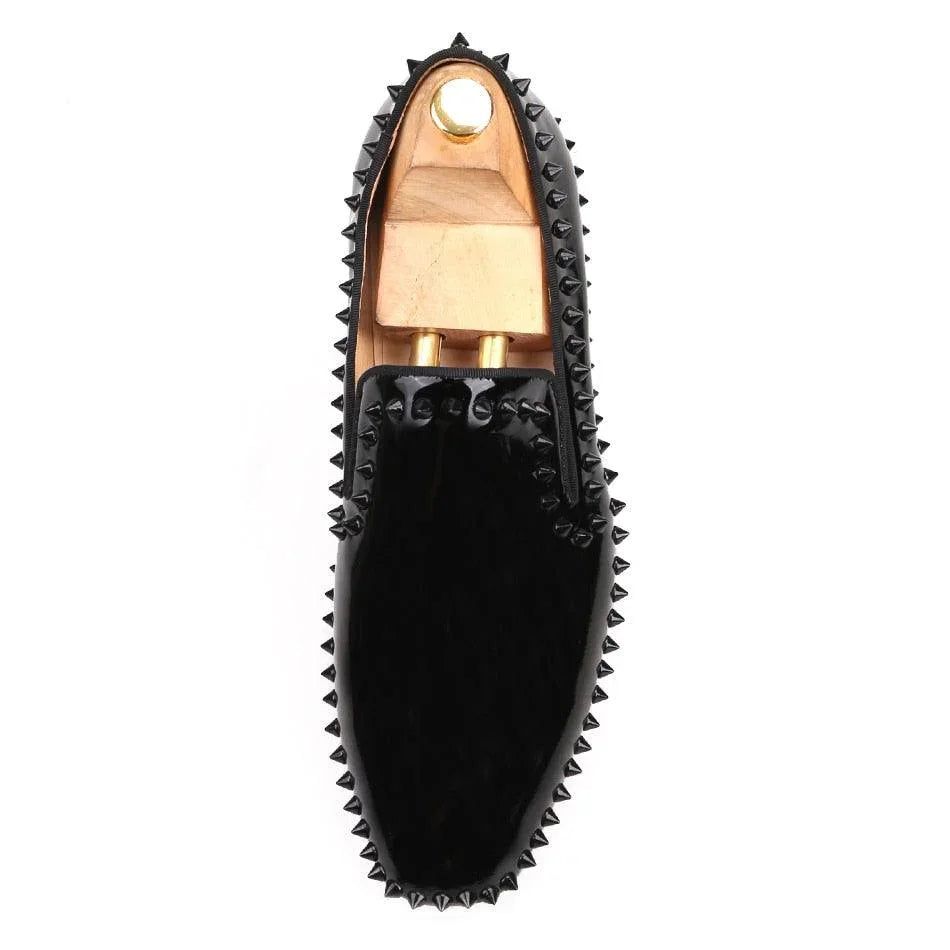 Black Patent Leather Spiked Men Loafers - Men Shoes -Guocali