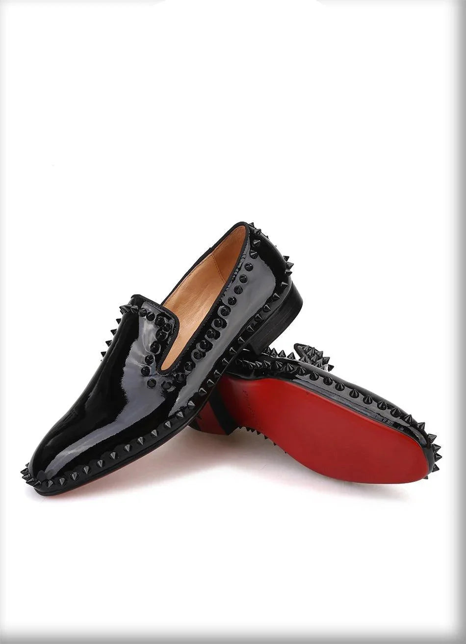 Black Patent Leather Spiked Men Loafers - Men Shoes -Guocali