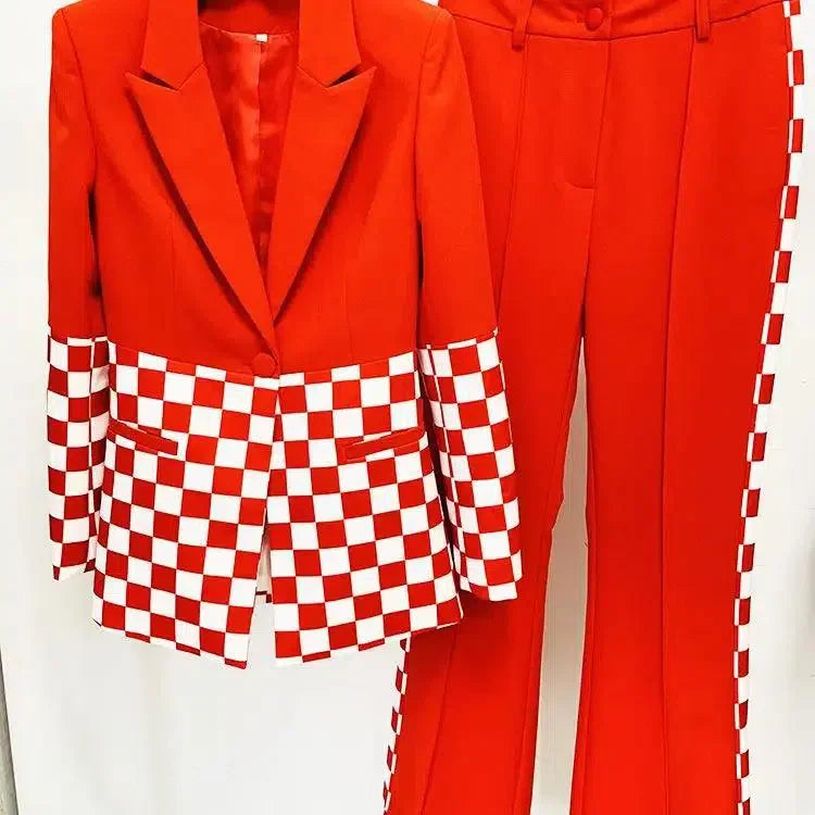 Checkered Block Blazer, Flare Pants Suit -Guocali
