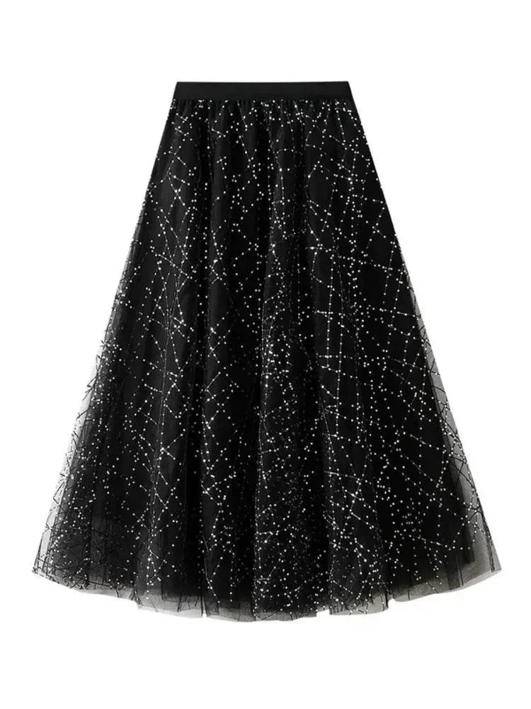 Elegant Sequin Pleated A-Line Skirt -Guocali