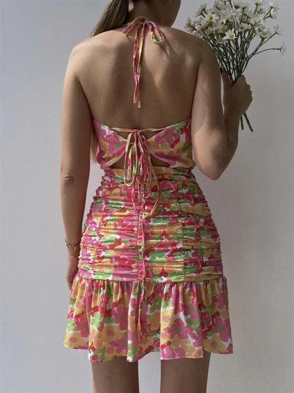 Floral Print Hip Strap Dress -Guocali