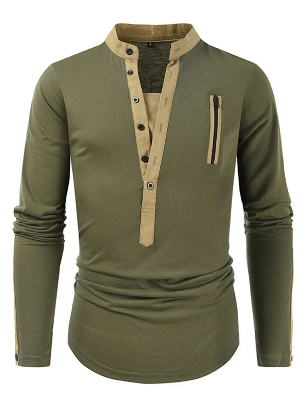 Men Henley Long-Sleeves T-Shirt – Breathable - Green, Beige