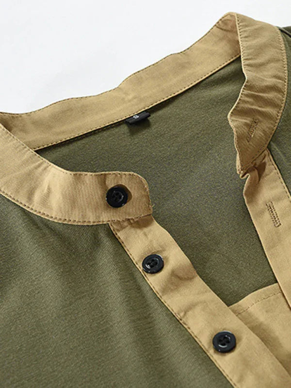 Men Henley Long-Sleeves T-Shirt – Breathable - Green, Beige
