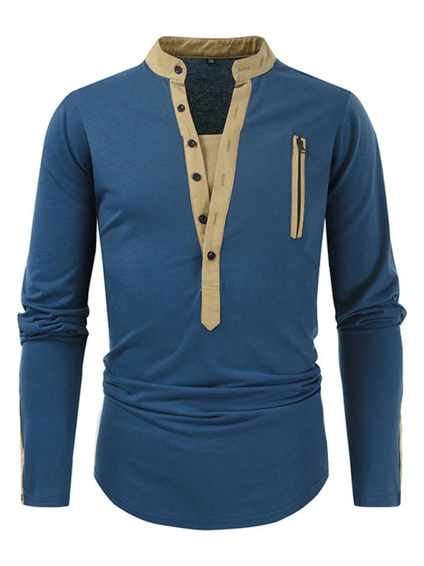 Men Henley Long-Sleeves T-Shirt – Breathable - Green, Beige