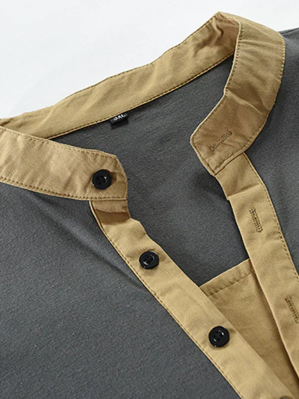 Men Henley Long-Sleeves T-Shirt – Breathable - Green, Beige