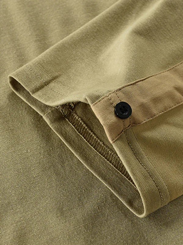 Men Henley Long-Sleeves T-Shirt – Breathable - Green, Beige