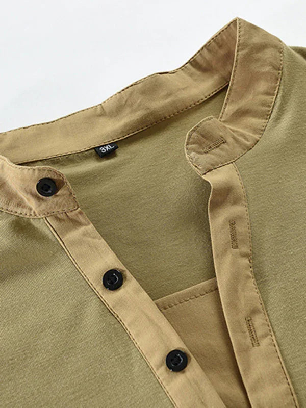 Men Henley Long-Sleeves T-Shirt – Breathable - Green, Beige