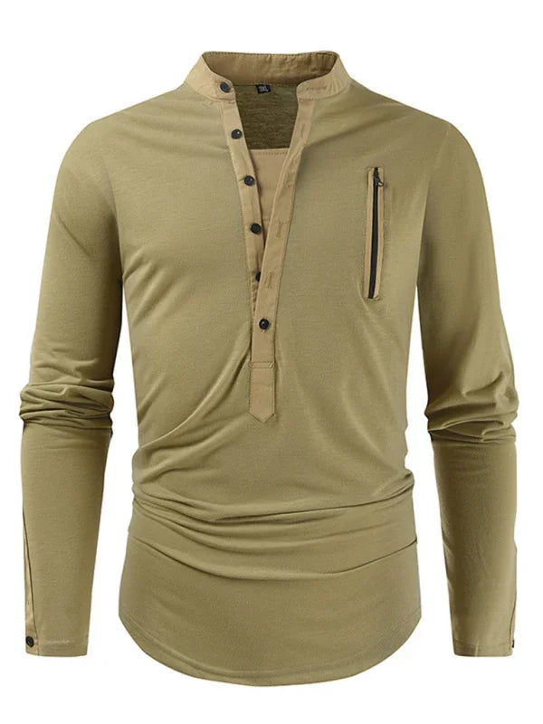 Men Henley Long-Sleeves T-Shirt – Breathable - Green, Beige