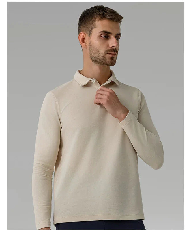 Men Long Sleeves Cotton Regular Fit Polo Shirt – Stretchable - Beige