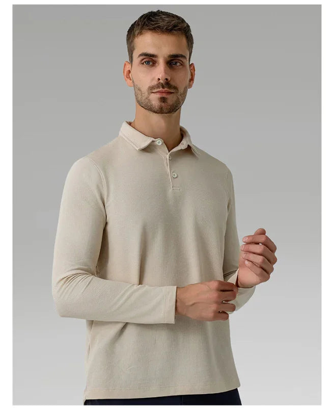 Men Long Sleeves Cotton Regular Fit Polo Shirt – Stretchable - Beige