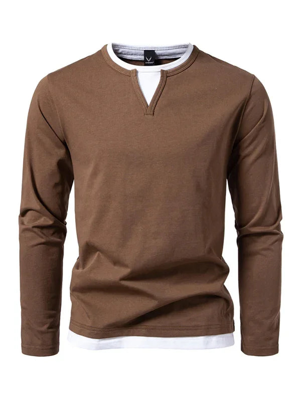 Men V-Neck Long-Sleeves T-Shirt – Stretchable - Gray, White