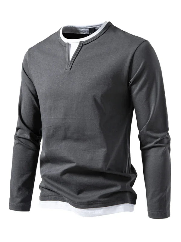 Men V-Neck Long-Sleeves T-Shirt – Stretchable - Gray, White