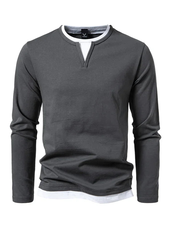 Men V-Neck Long-Sleeves T-Shirt – Stretchable - Gray, White