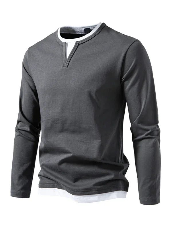 Men V-Neck Long-Sleeves T-Shirt – Stretchable - Gray, White