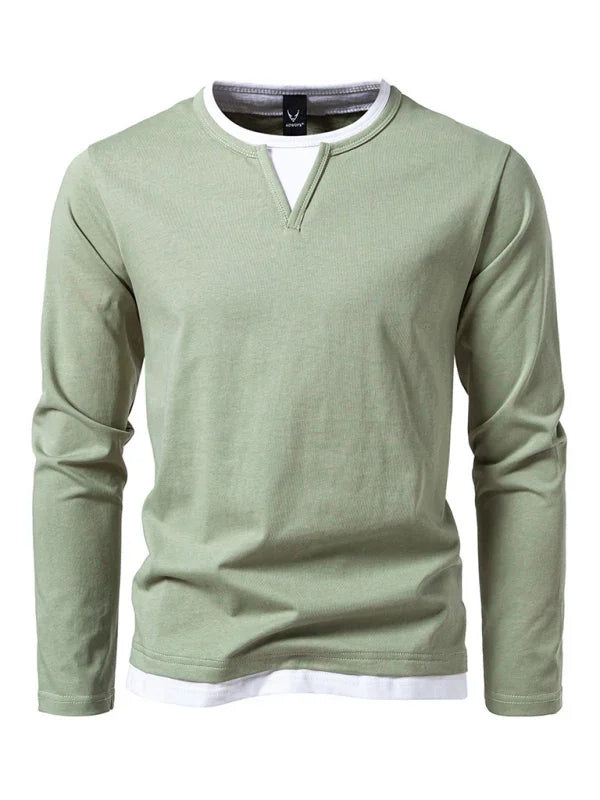 Men V-Neck Long-Sleeves T-Shirt – Stretchable - Gray, White