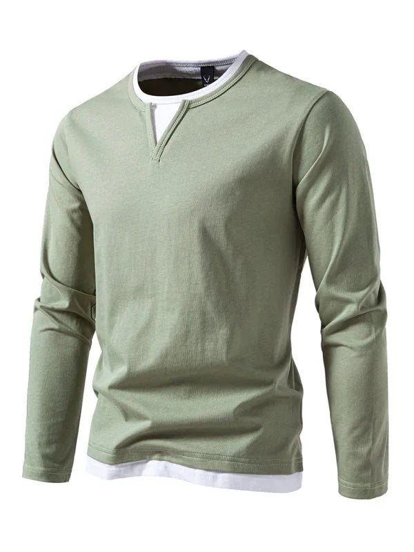 Men V-Neck Long-Sleeves T-Shirt – Stretchable - Gray, White