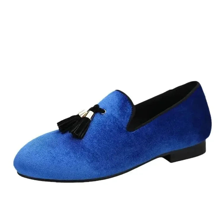 Kids Loafers Klein Blue Velvet Parent-Child Loafers with Gold Buckle Tassel Detail -Guocali