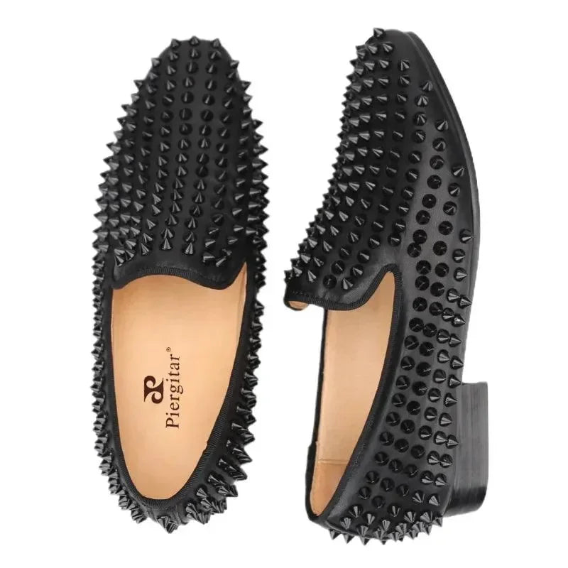 Kids Loafers Little Trendsetter: Handcrafted Genuine Leather Spiked Loafers with Red Soles for Kids -Guocali