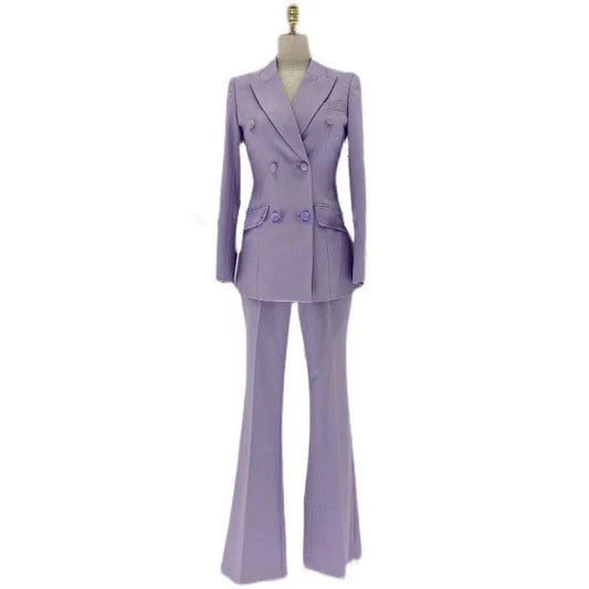 Lavender Double-Breasted Flared Pantsuit - Women Trouser Suits - Trouser Suit -Guocali