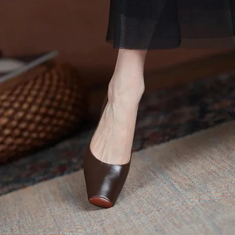 Leather Square Toe Women Pumps -Guocali