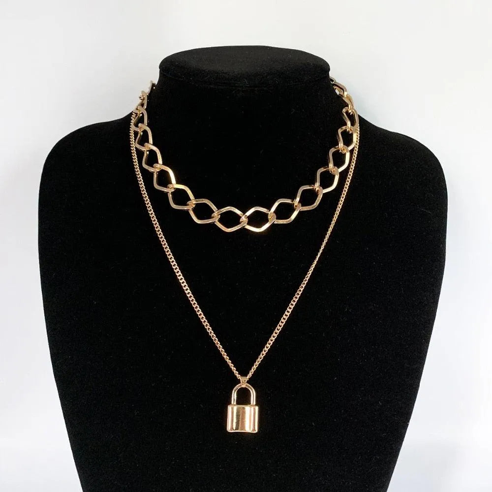 Lock Pendant Necklace - Multi-Layered Women Jewelry -Guocali