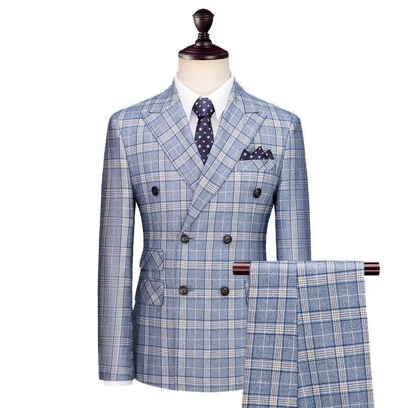 Men Suit - Blue-Grey Plaid Double-Breasted Suit -Guocali
