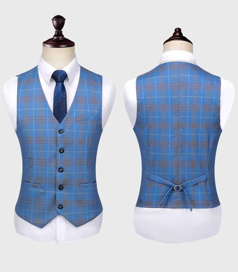 Men Suit - Blue Plaid Double-Breasted Suit -Guocali