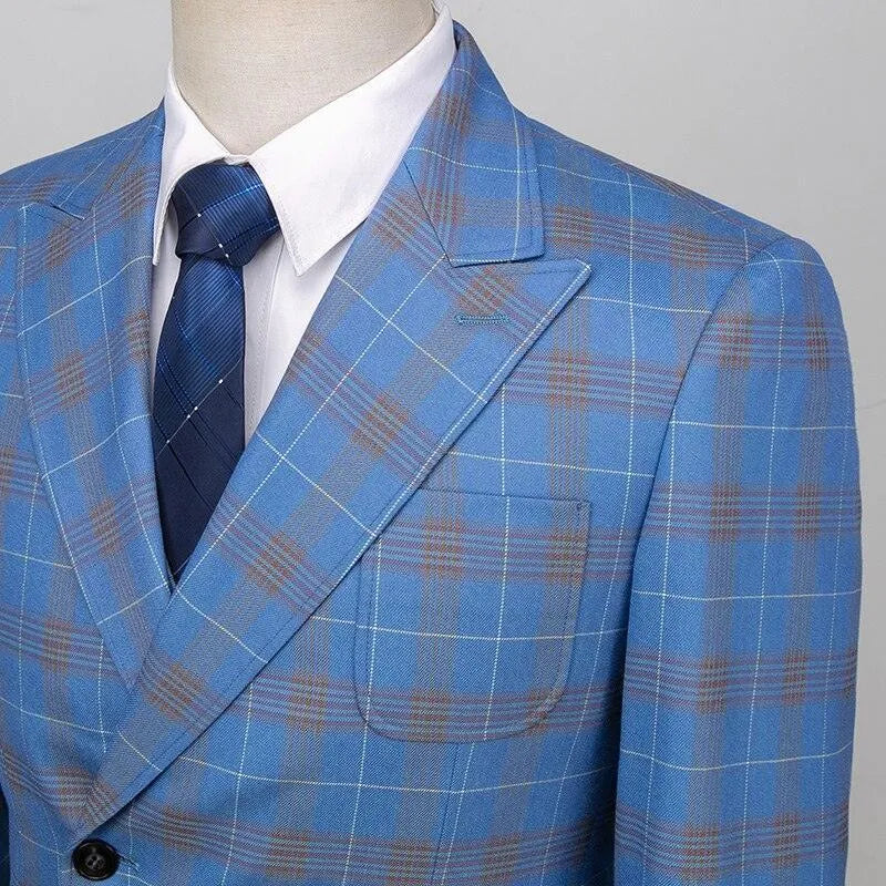 Men Suit - Blue Plaid Double-Breasted Suit -Guocali