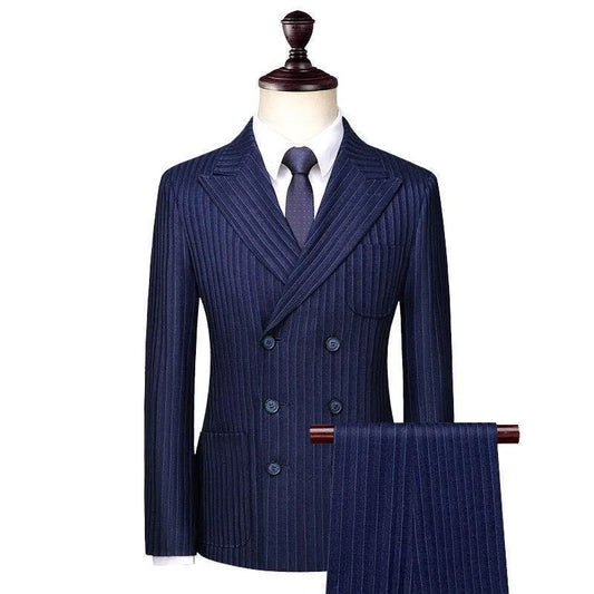 Men Suit - Blue Striped Double-Breasted Suit -Guocali