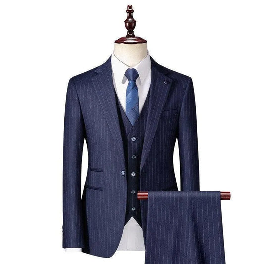 Men Suit - Navy Blue Striped 3-Piece Suit -Guocali
