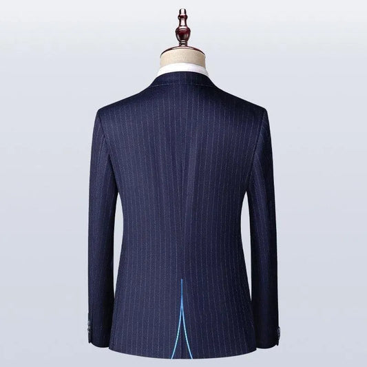 Men Suit - Navy Blue Striped 3-Piece Suit -Guocali