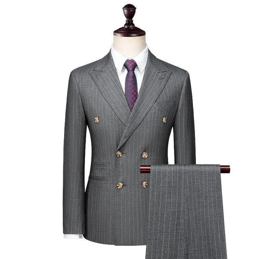 Men Suit - Piombo Striped Double-Breasted Suit -Guocali