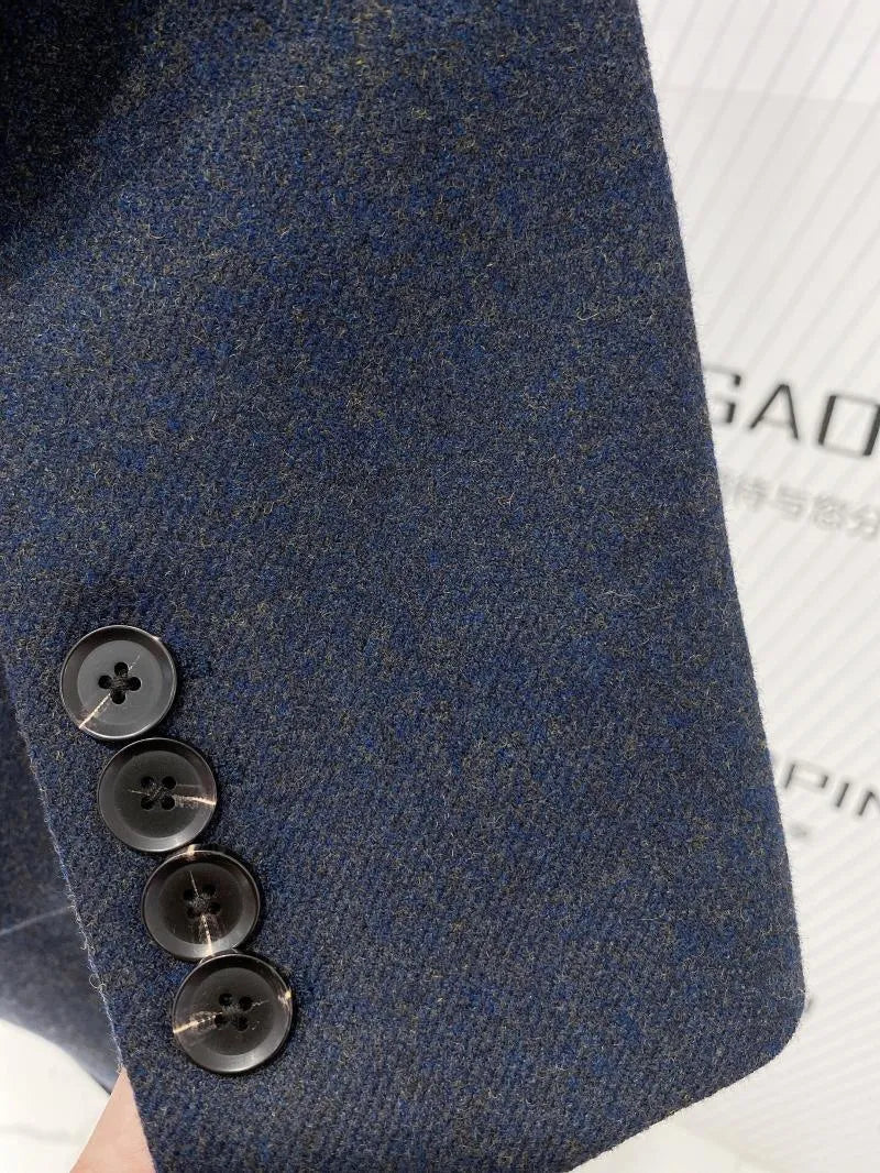 Navy Blue Double-Breasted Pant Suit - Woolen Trouser suit -Guocali