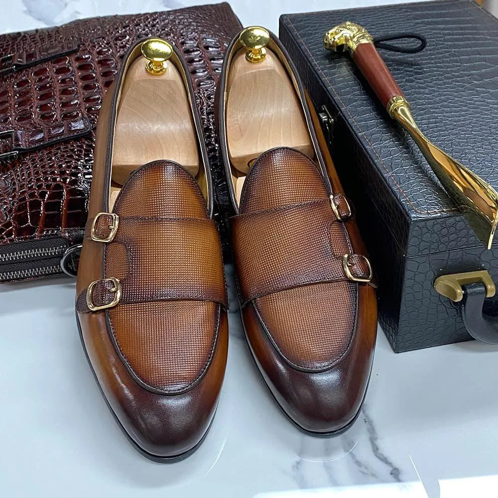 Patina Leather Monk Strap Loafers -Guocali