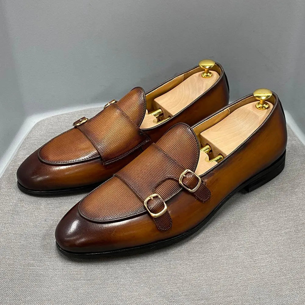 Patina Leather Monk Strap Loafers -Guocali