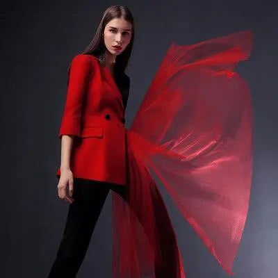 Red-Black Pantsuit With Detachable Veil - Women Trouser Suits - Trouser Suit -Guocali