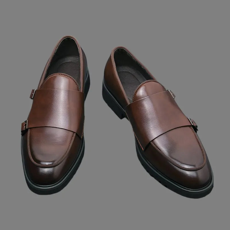 Rounded Toe Brown Monk Strap Loafers -Guocali