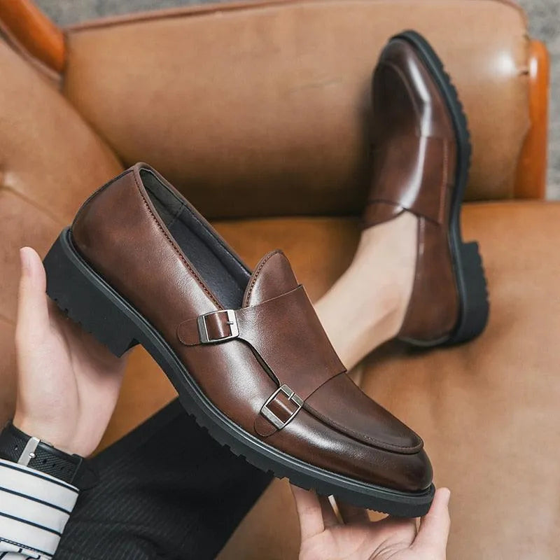 Rounded Toe Brown Monk Strap Loafers -Guocali