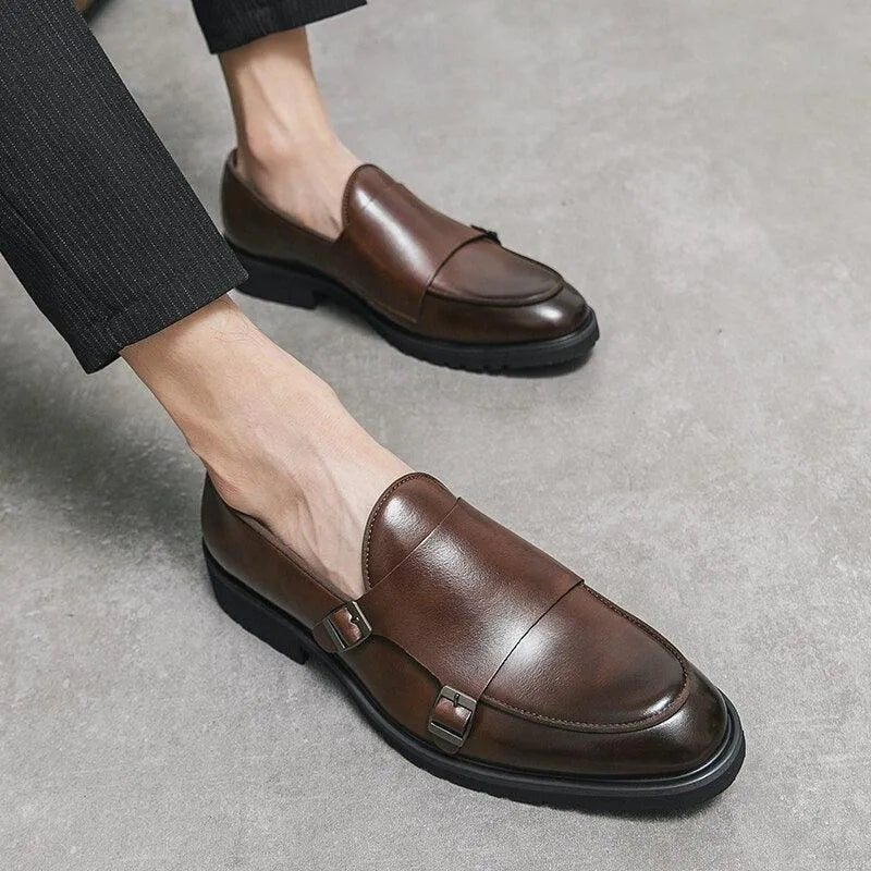 Rounded Toe Brown Monk Strap Loafers -Guocali