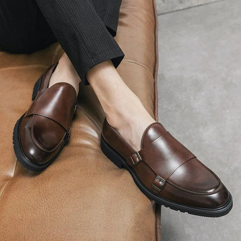 Rounded Toe Brown Monk Strap Loafers -Guocali