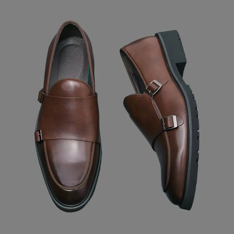 Rounded Toe Brown Monk Strap Loafers -Guocali