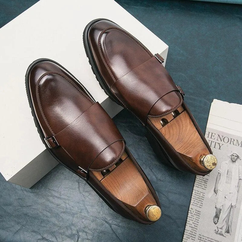 Rounded Toe Brown Monk Strap Loafers -Guocali
