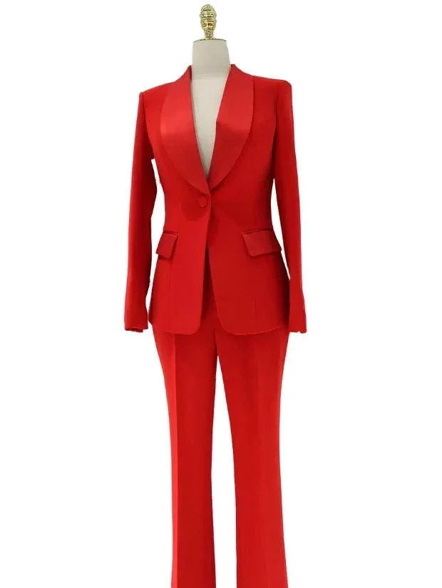 Satin Lapel Collar Pant Suit - Women Trouser Suits - Trouser Suit -Guocali