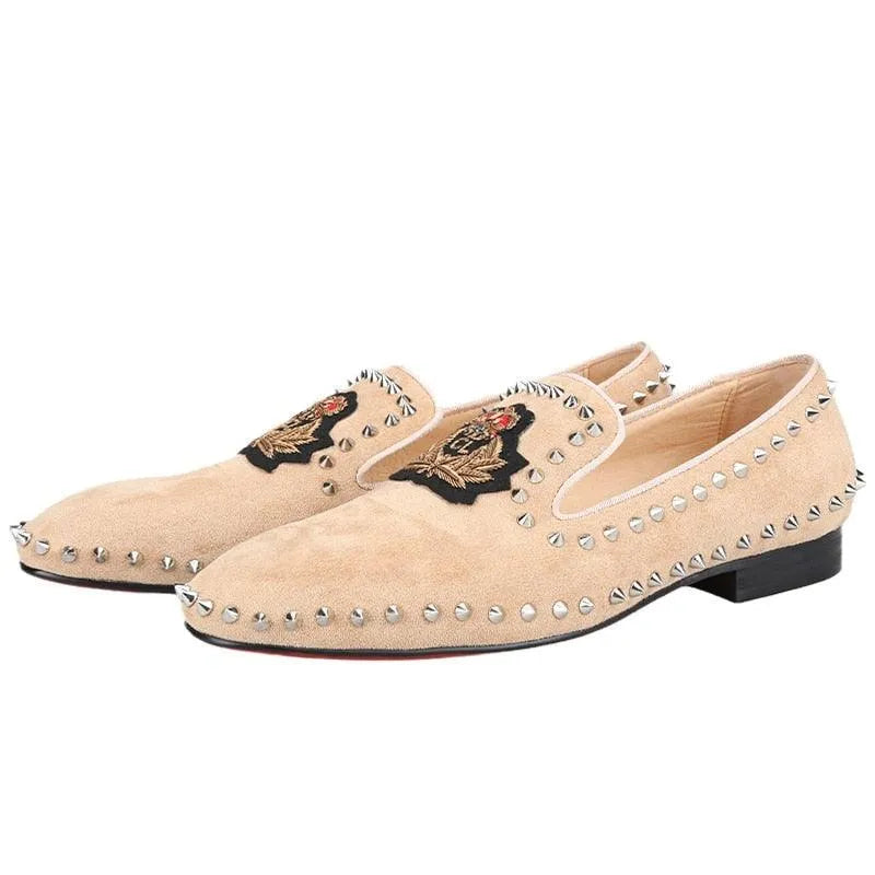 Suede Loafers With Spikes - Men Shoes -Guocali