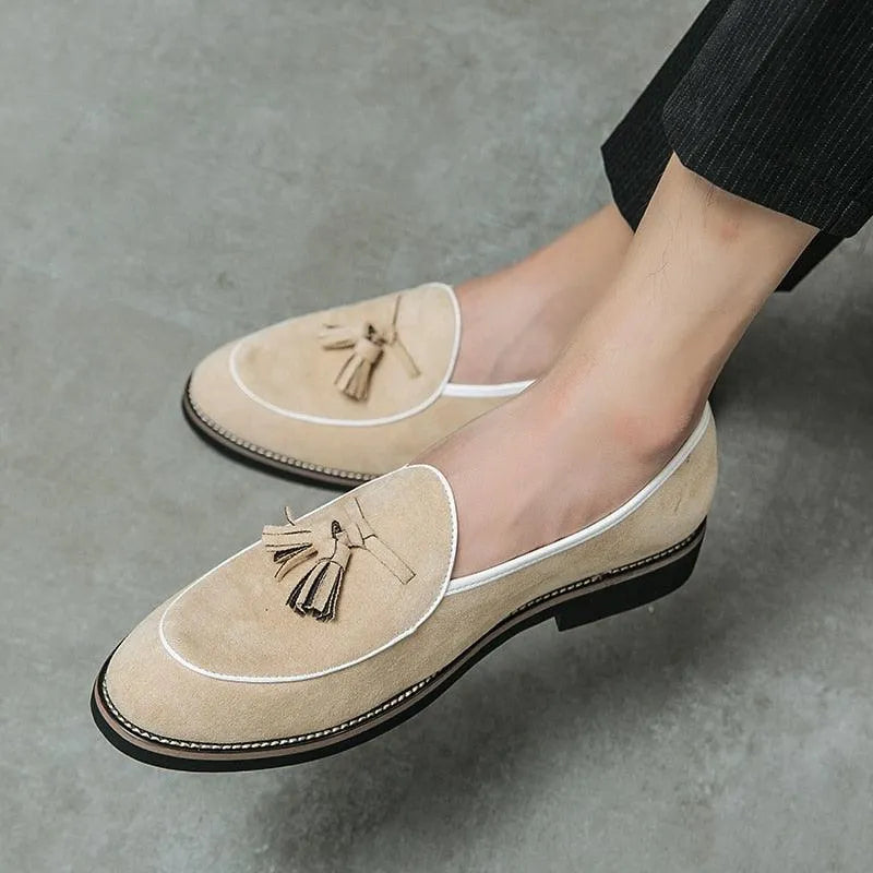 Suede Stitched Tassel Loafers - Men Shoes -Guocali