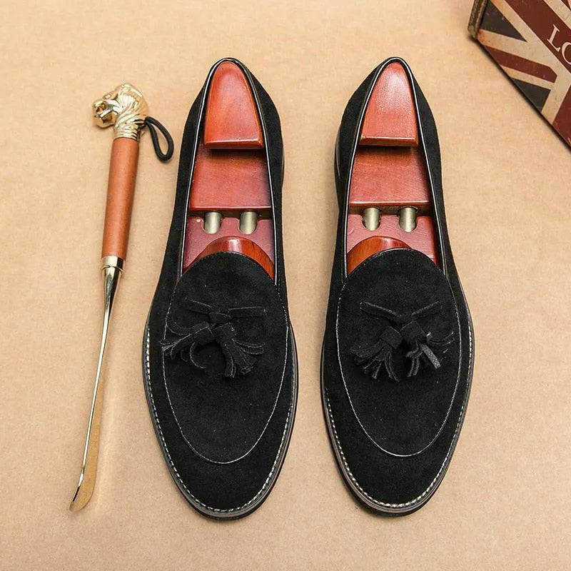 Suede Stitched Tassel Loafers - Men Shoes -Guocali