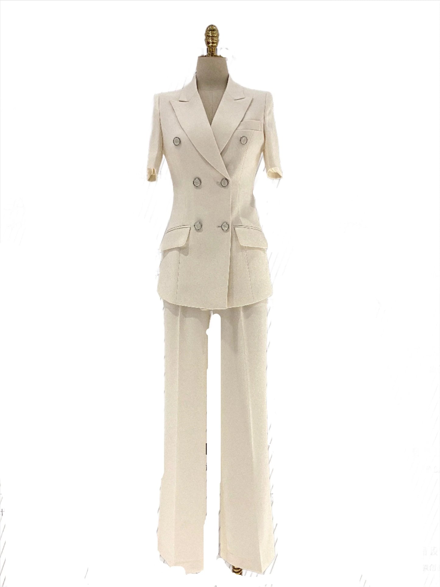 Thin Short Sleeved Women Pant Suit, Off-White, Black -Guocali