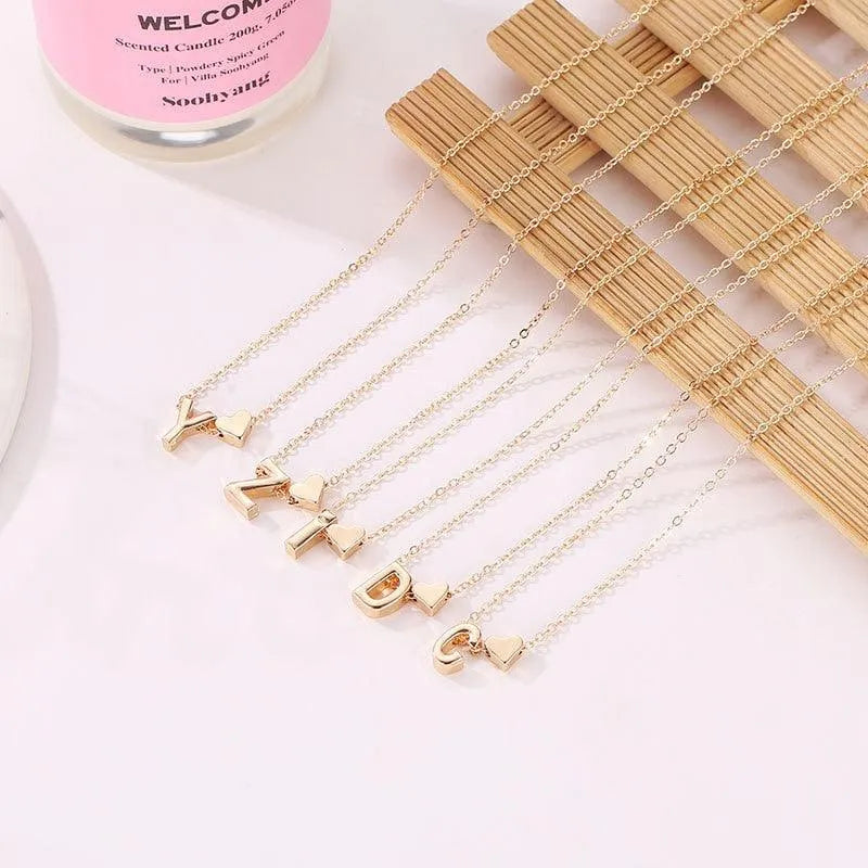 Tiny Heart and Initial Letter Pendant Necklace -Guocali