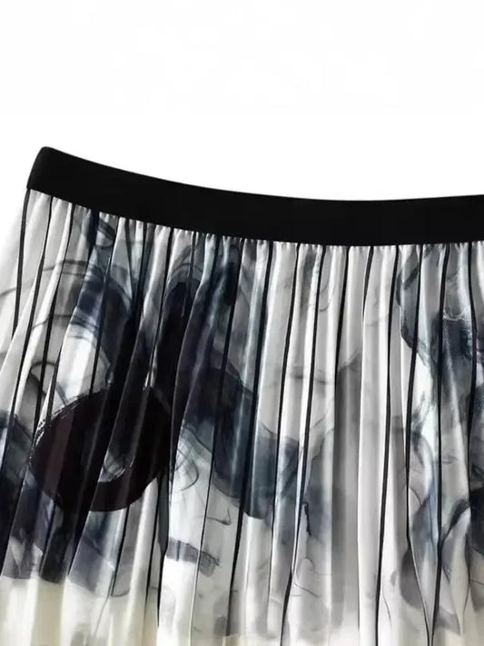 Vintage Pleated Ink Print Skirt for Women -Guocali
