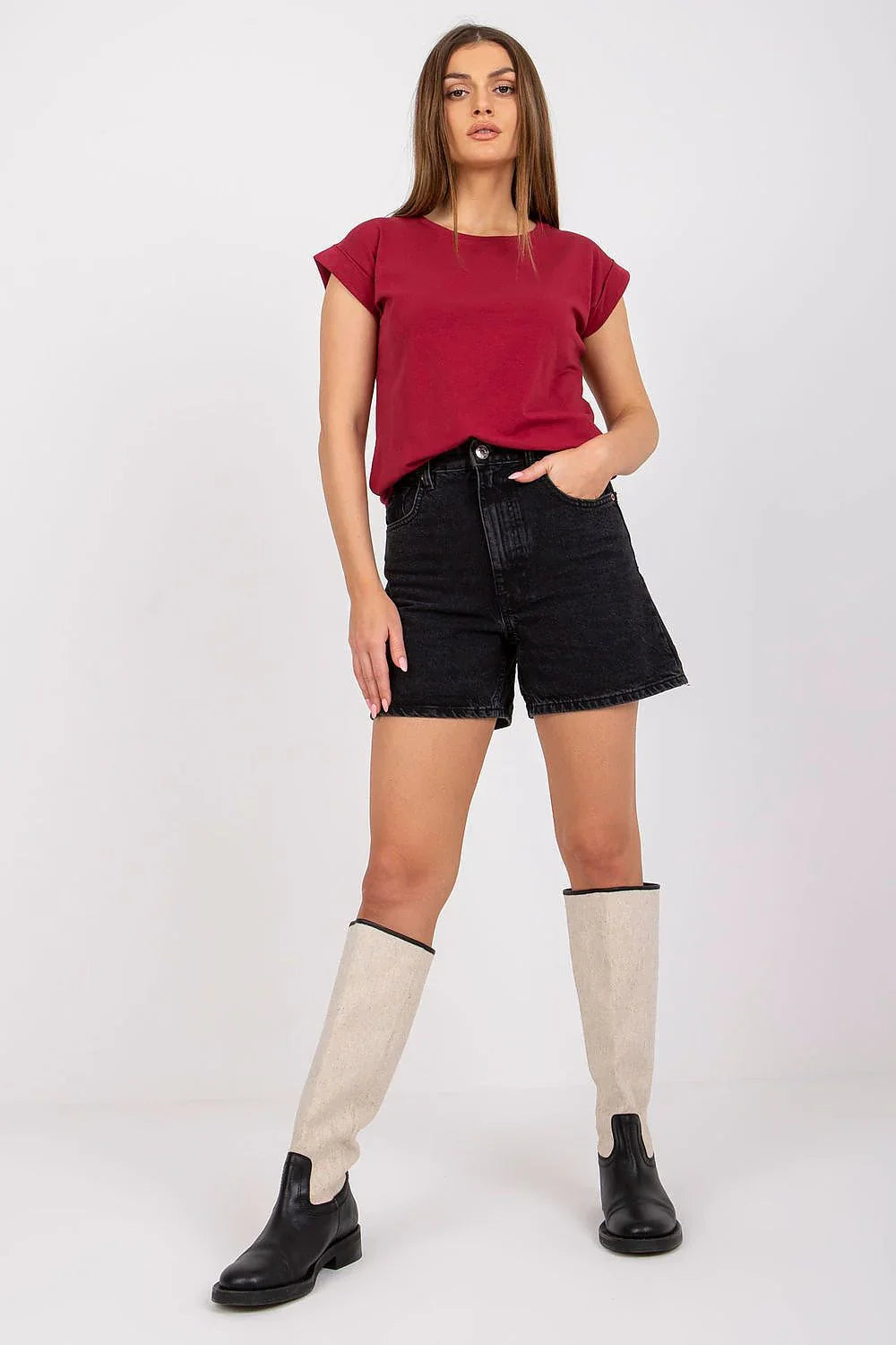 Women Crew-Neck Short-Sleeves T-Shirt – Stretchable - Red -Guocali